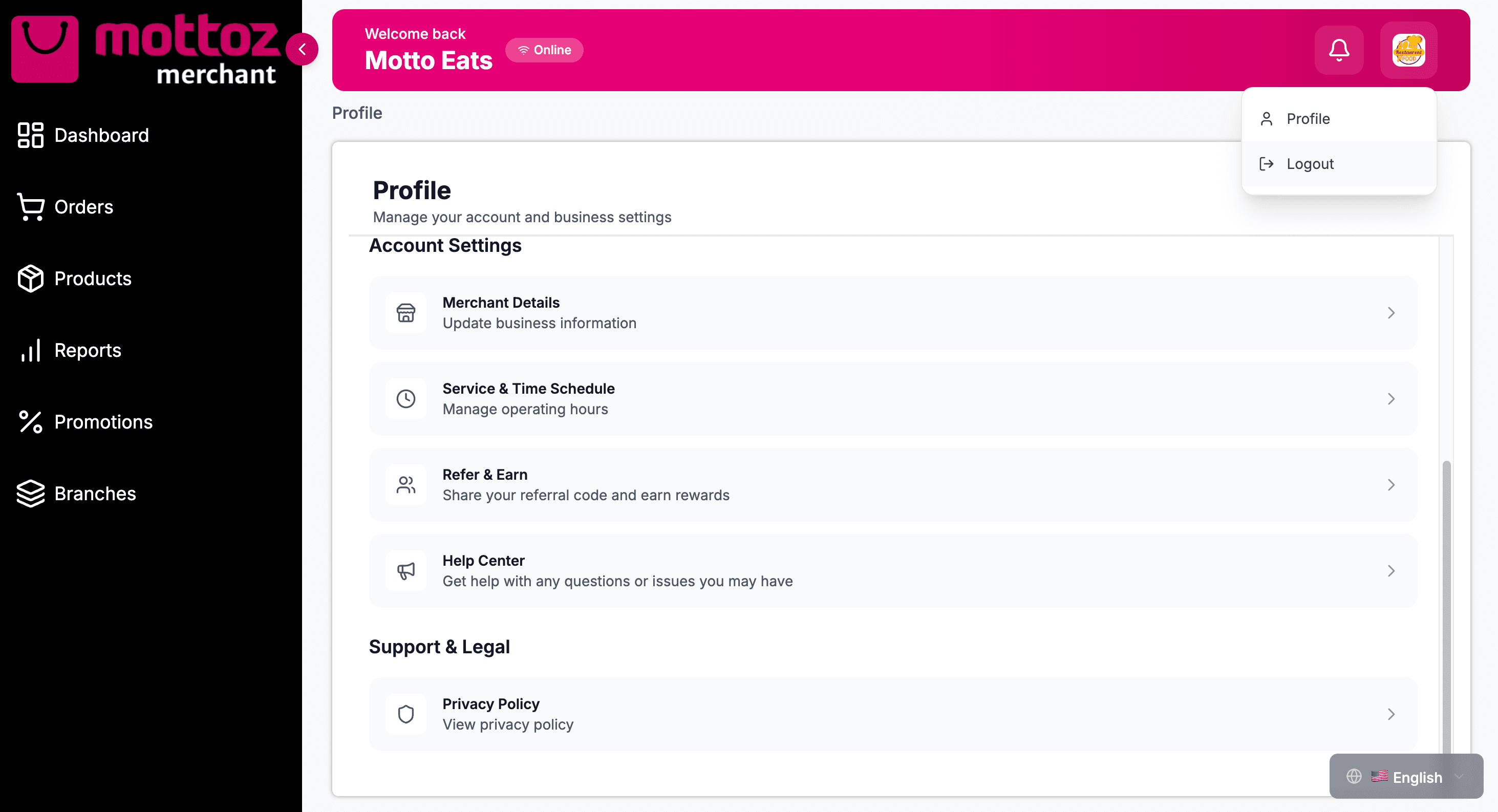 MOTTOZ Merchant Dashboard - View 4